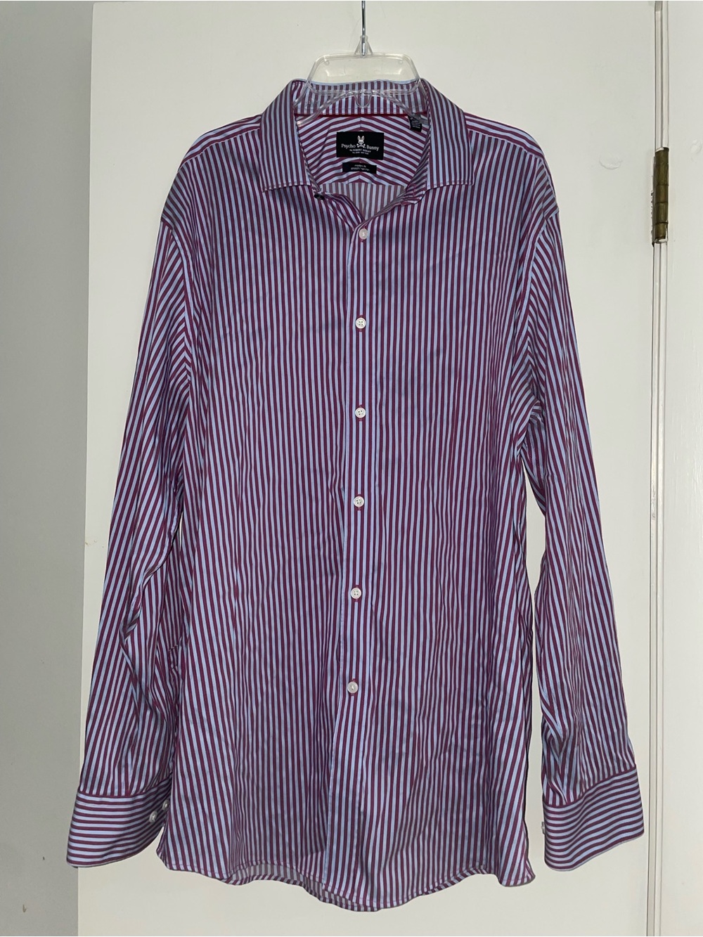 Psycho Bunny by Robert Godley men’s button up shirt light blue magenta stripes